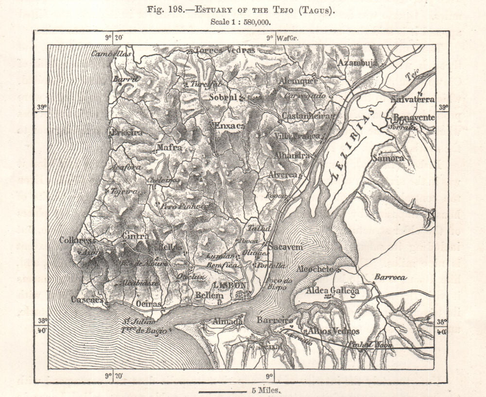 Estuary of the Tejo (Tagus). Lisbon Lisboa. Portugal. Sketch map 1885 old